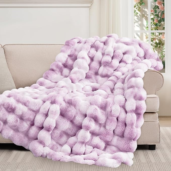Touchat Luxury 1000GSM Faux Rabbit Fur Throw Blanket for Women, Super Heavy Warm Cozy Blankets for Couch Bed Sofa, Bubble Plush Fuzzy Soft Mink Blanket for Living Room Bedroom, Purple-Ruum Studio Home