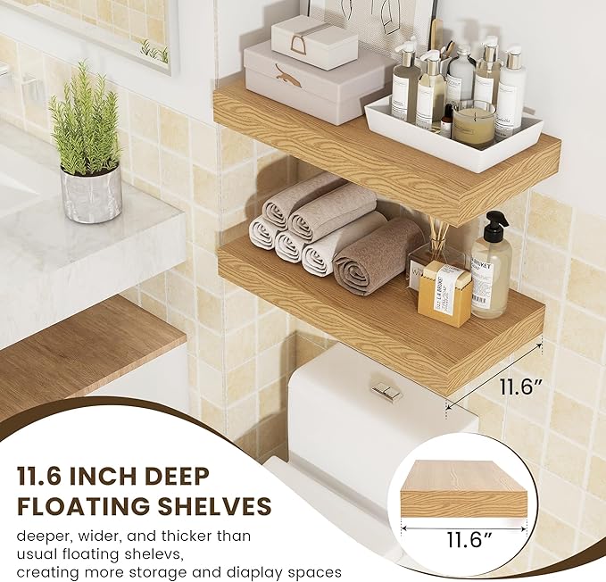 Deep Floating Shelves, 12 Inch Deep Rustic Floating Shelves Set of 2, 24 Inch Large Oak Wood Wall Mounted Shelves for Books Living Room Laundry Room Bedroom Kitchen Home Office - Oak-Ruum Studio Home