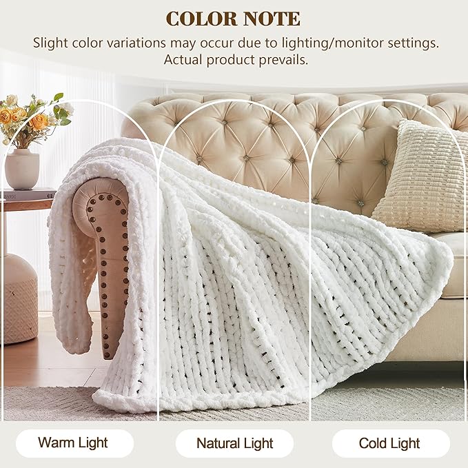 Carriediosa Chunky Knit Throw Blanket 50" X 60", 100% Hand Made Large Chenille Loop Yarn Soft Fluffy Throws for Couch Sofa Bed, Big Crochet Cozy Heavy Thick Cable Woven Blankets, Snow White-Ruum Studio Home