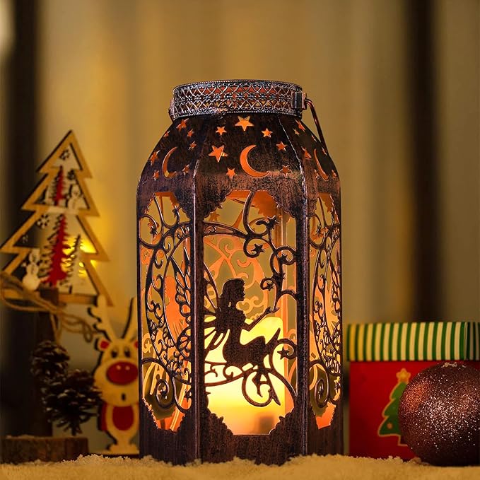 Solar Lanterns Outdoor Hanging Metal Bronze Moon Fairy Lantern, 1 Pack Waterproof Flickering Flameless Candle Mission Lights for Table,Pathway,Garden Gifts for Women, Mothers' Day Gift-Ruum Studio Home