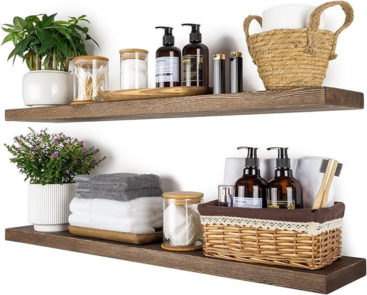 BGMG 36 inch Walnut Floating Shelves for Wall Set of 2, Solid Real Wood Rustic Mount Shelves for Living Room Bedroom Kitchen Farmhouse with Sturdy Hidden Bracket-36x 6.7 x1.25 inch-Ruum Studio Home