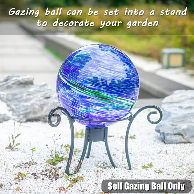 VCUTEKA Glass Outdoor Gazing Globe, Blue and Green Hand Painted Swirled Sphere for Patio Garden Gazing Ball Yard Ornament, 10 Inch-Ruum Studio Home