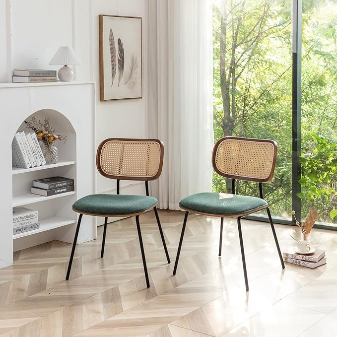 Rattan Dining Chairs Set of 2, Mid Century Modern Dining Chairs with Cane Back for Kitchen Dining Room, 19 Inch Fabric Green-Ruum Studio Home