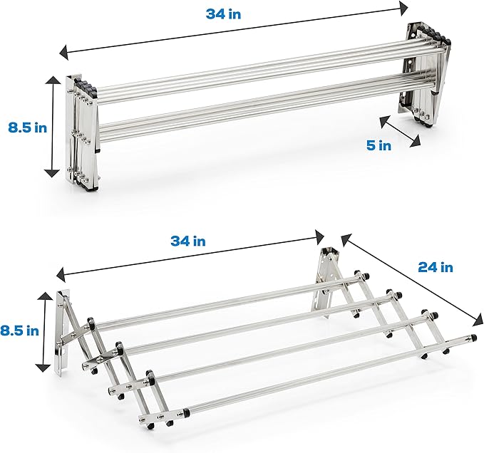 AERO W Racks Stainless Steel Wall Mounted Collapsible Laundry Clothes Drying Rack 60 Pound Capacity 22.5 Linear Ft-Ruum Studio Home
