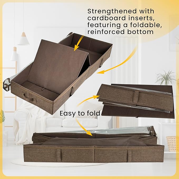 Brown Low Profile Under Bed Storage Containers 5 inches high, 33.8"x 17.7"x 5.1", Sturdy Underbed Shoe Storage Organizer, Foldable Fabric Under the Bed Storage Bins - Pack of 2-Ruum Studio Home