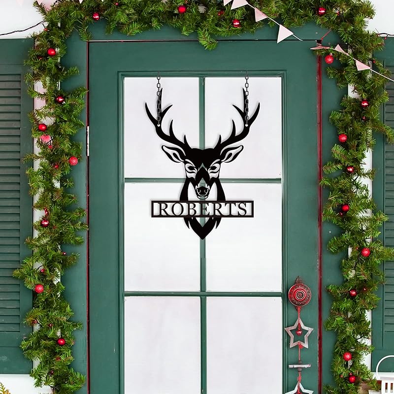 Personalized Deer Head Metal Sign | Christmas Deer | Custom Metal Deer Sign | Deer Antlers Sign | Outdoor Wall Decor | Last Name Sign | Deer Monogram | Wall Decor Rustic Home | Housewarming Gifts-Ruum Studio Home