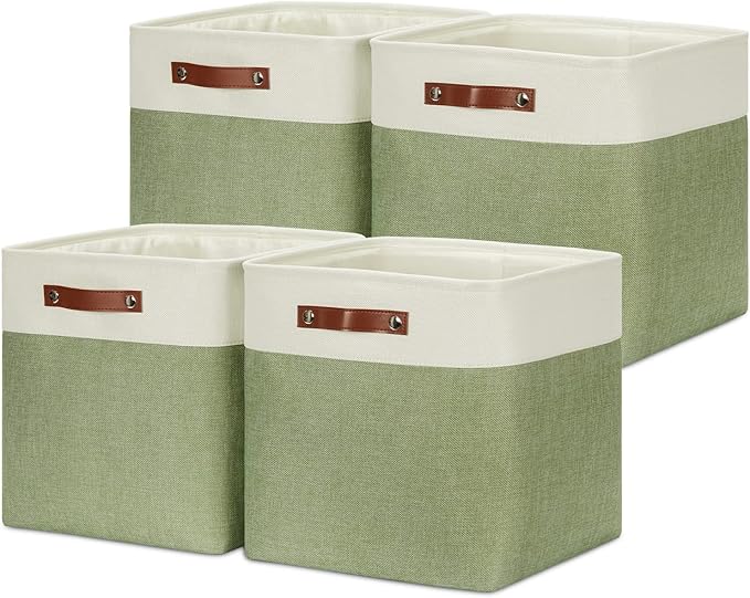 DULLEMELO Storage Baskets for Organizing, Linen Closet Organizers and Storage Baskets for Dog Toy Box, 13 Inch Decorative Cube Storage Bins with handle for Baby Gift Basket(4 Pack - 13" White&Green)-Ruum Studio Home