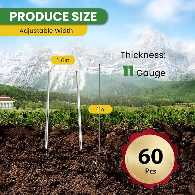 Landscape Staples Galvanized 4 Inch 60 Pcs, Metal Garden Stakes 1.6 Inch, Garden Staples for Lawn 11 Gauge-Ruum Studio Home