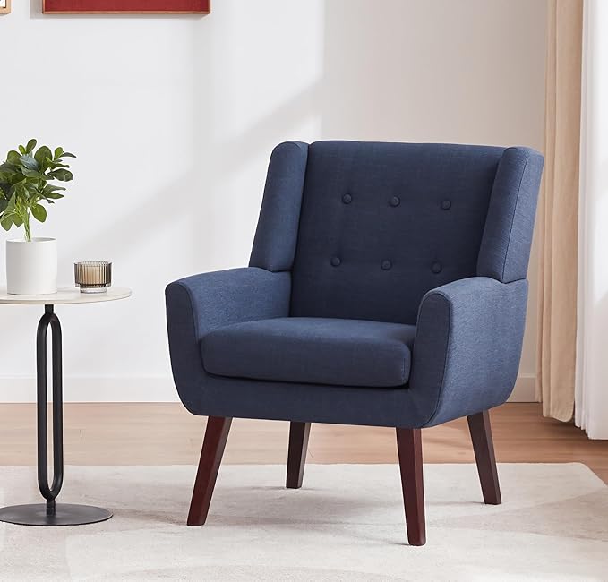HUIMO Accent Chairs Set of 4, Upholstered Button Tufted Armchair, Linen Fabric Sofa Chairs for Bedroom, Living Room, Mid Century Modern Comfy Reading Chair (4, Dark Blue)-Ruum Studio Home
