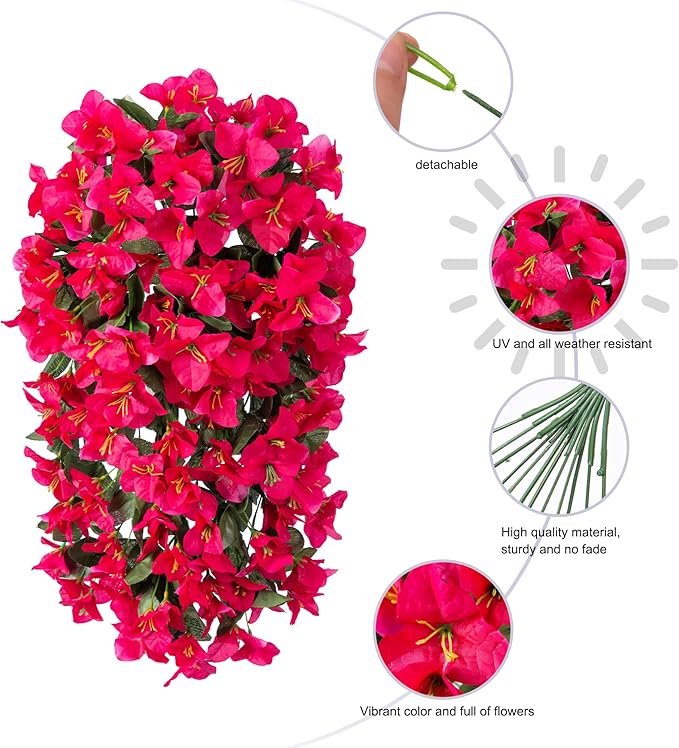 Faux Bougainvillea Artificial Flowers Plants for Outdoors Outside Decoration, 2 PCS Fake Flowers Silk Long Trailing Vines UV Resistant Realistic for Front Door Porch Planter Urn Patio Balcony Hot Pink-Ruum Studio Home