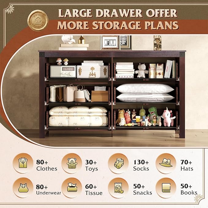 WLIVE Farmhouse 6 Drawer Dresser for Bedroom, 53.07'' Wide Wood Dresser, Storage Organizer with Double Rustic Handle, TV Stand for 60 inch TV, Chest of Drawers for Living Room, Hallway, Brown-Ruum Studio Home