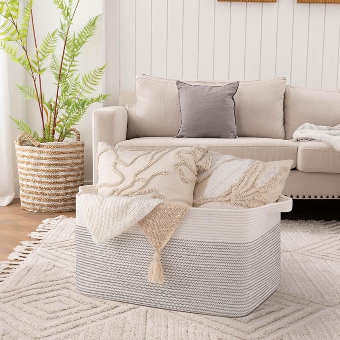 OIAHOMY 95L Blanket Basket, 24”x17”x14”, Large Woven Baskets for Storage, Nursery Cotton Rope Basket with Handle, Living Room, Nursery, Bedroom,Toy Baskets Organizer Bins, Black and White-Ruum Studio Home