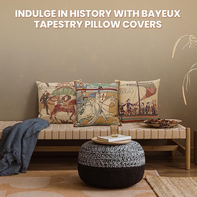 Charlotte Home Furnishings Bayeux Mare Throw Pillow Cover 16" x 16" – Medieval Ship Decorative Tapestry Cushion Case for Sofa, Couch, & Bed | Cotton Jacquard Woven in Europe | Insert Not Included-Ruum Studio Home