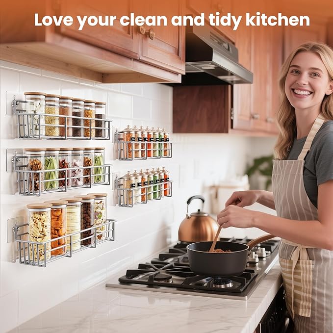 5 Pack Spice Rack Seasoning Organizer Wall Mount, Screw or Adhesive Hanging Shelf Basket Spice Organizer Shelf for Kitchen, Silver-Ruum Studio Home
