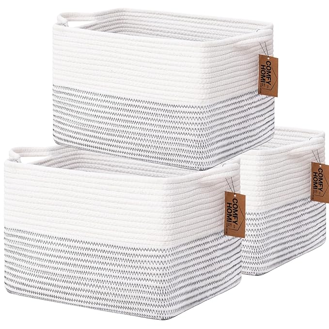 COMFY-HOMI 3 Pack Cotton Rope Square Basket with Handles - Storage & Organizer (White/Black Line, 13.5" x 11" x 9.5")-Ruum Studio Home