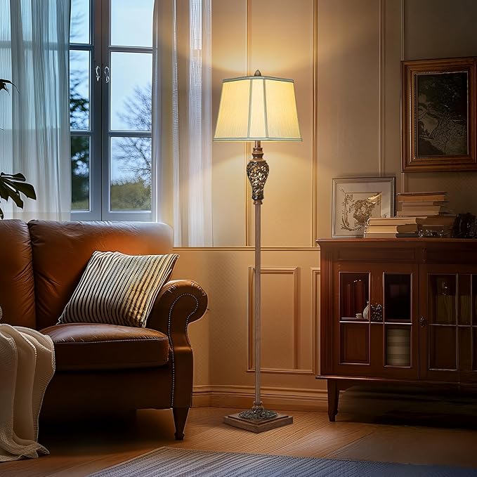 Vintage Floor Lamp with Nightlight, 65" Rustic Standing Lamp with Beige Faux Silk Shade, Farmhouse Style Design Tall Lamp Decor for Living Room Bedroom Study Home Office Corner- Bronze (Bulb Included)-Ruum Studio Home