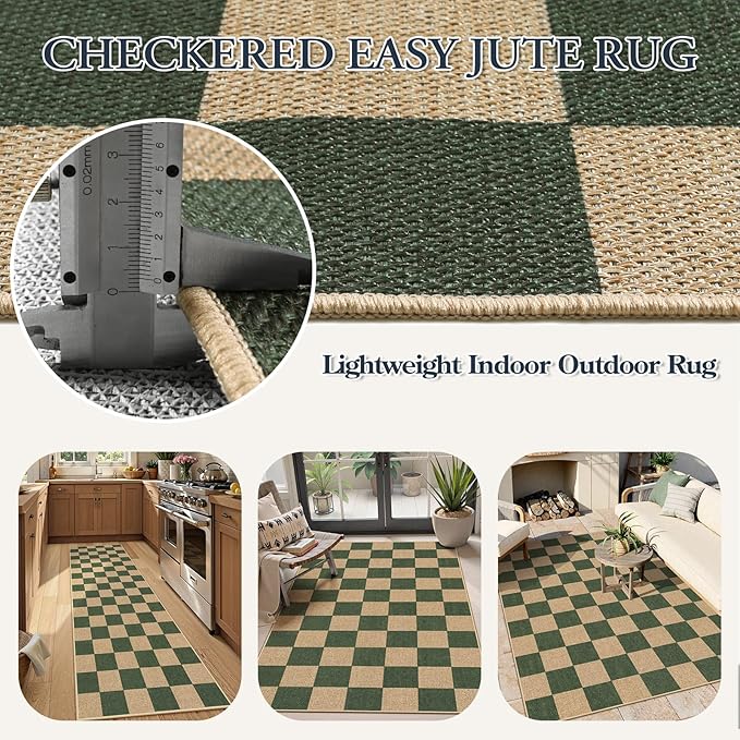 Lahome Checkered Easy Jute Dining Room Rug, 5x7 Indoor Outdoor Rugs for Patio Living Room, Neutral Checkerboard Non Slip Low Pile Green Carpet for Bedroom Office Backyard-Ruum Studio Home
