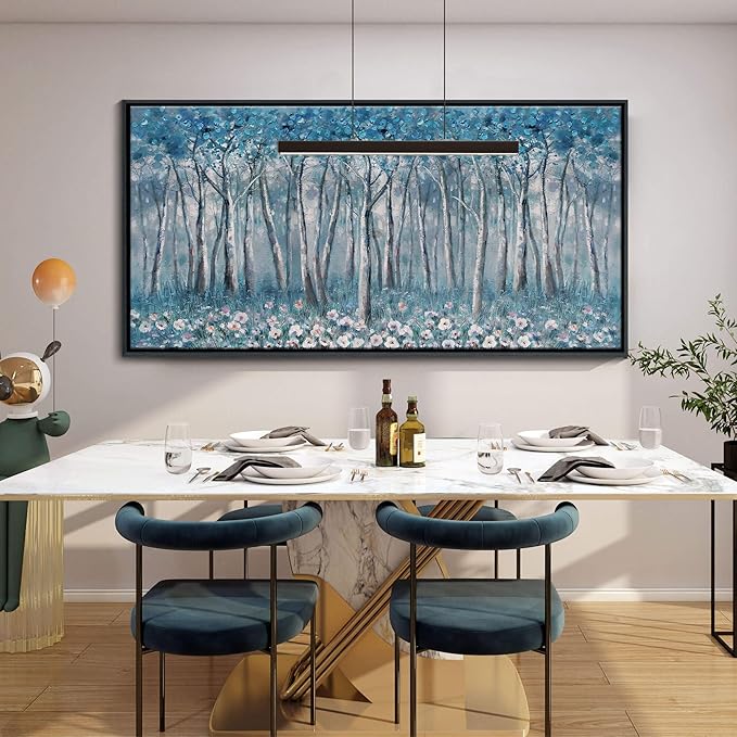 DUNHUANG ART Blue Tree Canvas Wall Art - Large Size Teal Abstract Painting for Home Office Living Room Bedroom Bathroom - Black Framed - Wall Decor Living Room 20"x40"-Ruum Studio Home