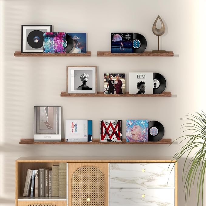 Fun Memories Picture Ledge Shelf, 48 Inch Floating Shelves Set of 2, Large Nursery Book Shelves for Toys Storage, Kids Bookshelf Wall Mounted for Wall Decor Books Photo Frames, Walnut-Ruum Studio Home