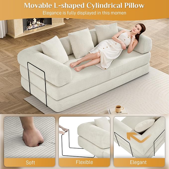 Convertible Sleeper Sofa Bed with Pillow, 4-in-1 Corduroy Folding Mattress Couch with Fixed-Shape Frame, Fold Out Floor Sofa Cama Lounge Couch for Living Room Bedroom Studio, Beige White-Ruum Studio Home