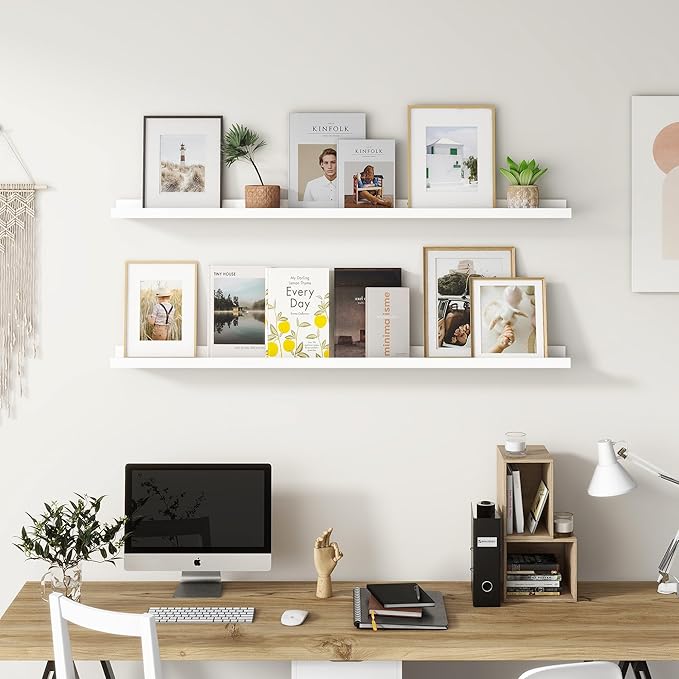 Picture Ledge Shelf for Wall, 36 inch Solid Pine Wood Nursery Book Shelves 2 Packs, Floating Ledge Shelves for Kids' Room Bedroom Bathroom Living Room Photo Frames Office Nursey Wall Decor, White-Ruum Studio Home