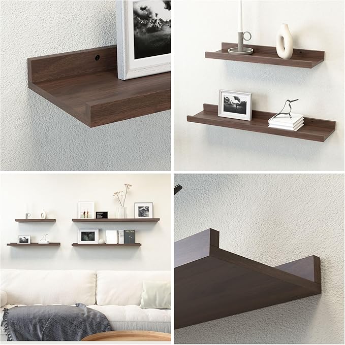RICHER HOUSE 5 Set Floating Shelves for Wall Decor, Wall Mounted Book Shelf, Nursery Shelves Picture Ledge Shelf with Lip for Wall Storage, Bedroom, Living Room, Bathroom - Walnut-Ruum Studio Home