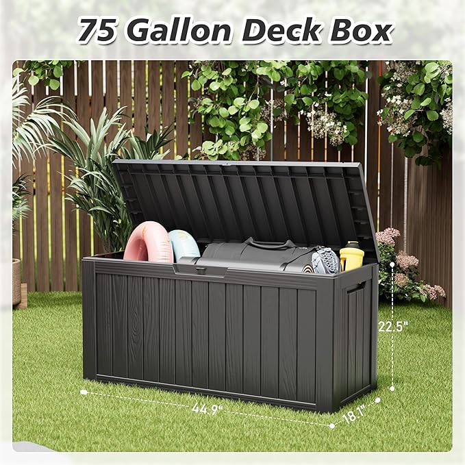 KAMABOKO Deck Box, 75 Gallon Resin Indoor and Outdoor Storage Boxes Waterproof for Garden Tools, Pool Accessories Storage Bench, Patio Furniture and Cushions with Lockable Lid, Black-Ruum Studio Home