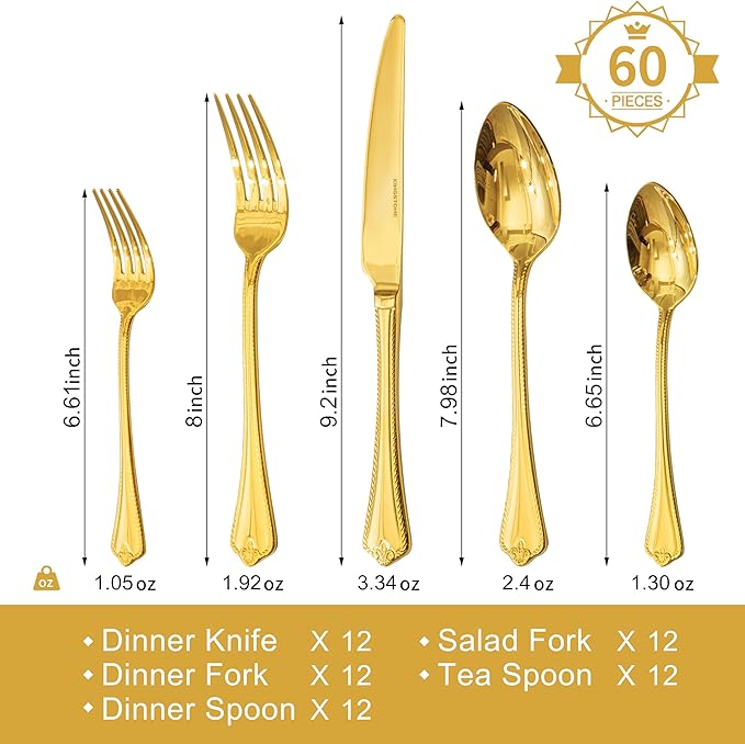 KINGSTONE Gold Silverware Set, 60-piece 18/10 Stainless Steel Flatware Set Cutlery Set for 12, for Kitchen, Home, Wedding, Party, Mirror Polished and Dishwasher Safe, Featured Gifts-Ruum Studio Home