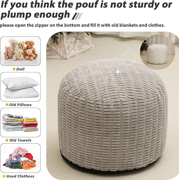 Round Stuffed Pouf Ottoman for Foot Rest, Storage Ottoman Pouf Foot Stool Cushion, Faux Fur Poufs with Foam Chunk Filling, 26 X 18 Inch Floor Chair for Living Room Bedroom Home Decor, Light Gray-Ruum Studio Home