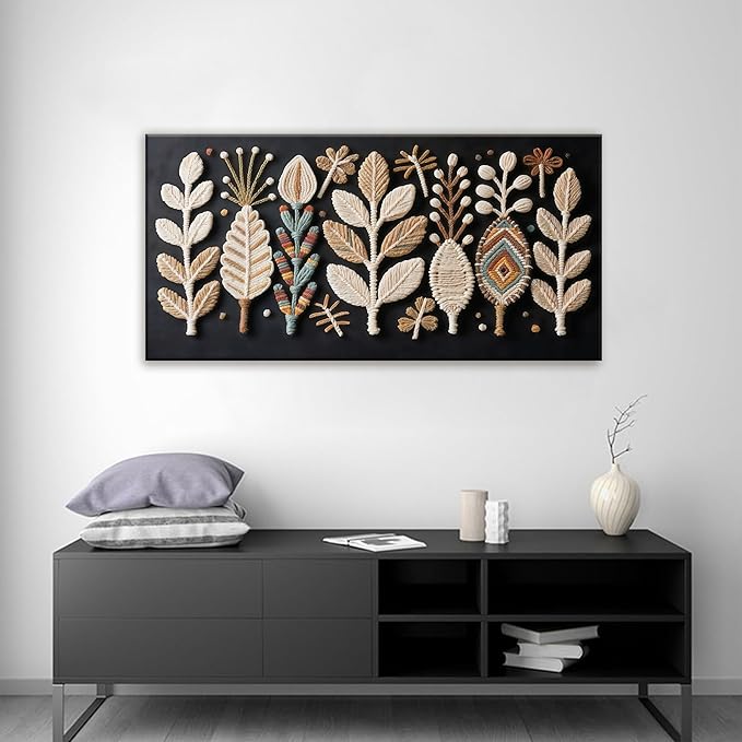 Boho Black Wall Art Chic Home Wall Art Modern Multicolor Leaves Feather Canvas Wall Art Decor For Living Room Bedroom Apartment Kitchen 24"W X 48"L Ready To Hanging-Ruum Studio Home