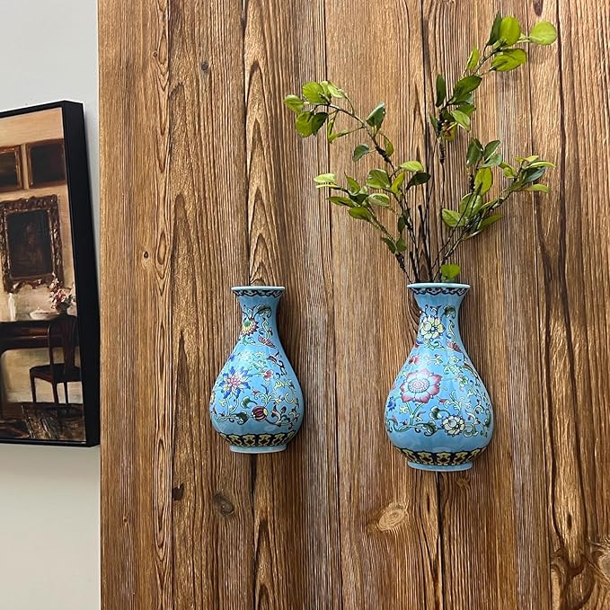 Set of Two Handmade Chinese Blue & White Porcelain Wall Mounted Vases – Chinoiserie Ceramic Flower Vase for Indoor Home Décor, Wall Hanging Vases for Living Room & Bookshelf-Ruum Studio Home
