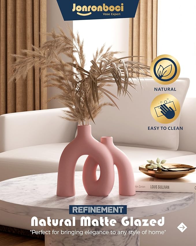 Hug Donut Decorative Vase Set - Light Pink Modern Glam Eclectic Style Vases Home Decor, Matte Ceramic Decorations for Living Room Shelf, Bookshelf Mantle Entryway Table or Console Décor(Pink)-Ruum Studio Home