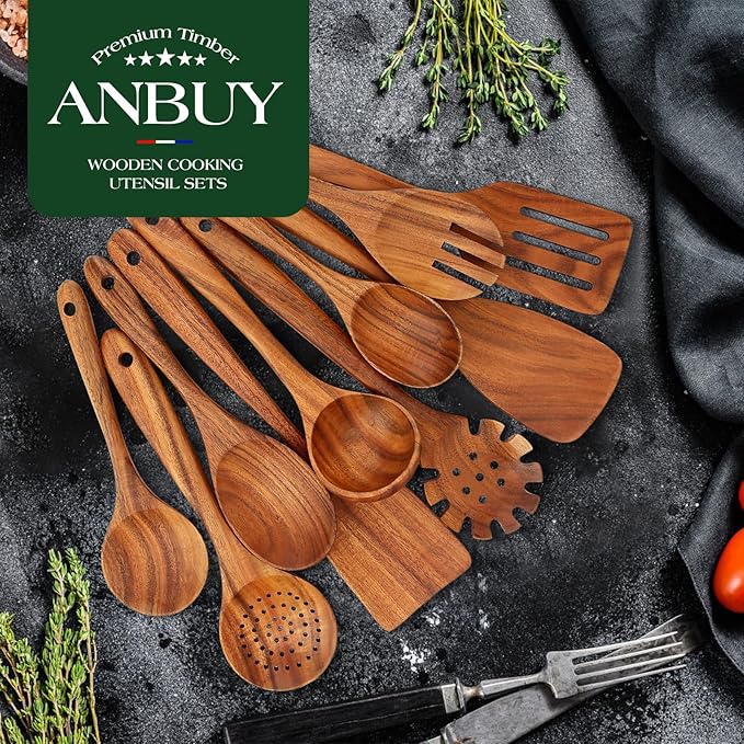 ANBUY Teak Wood Kitchen Utensils Set, Heat Resistant Wooden Spoons for Cooking, 10 Pcs Cooking Utensils Set Wooden, Wood Utensils Set for Cooking Food-Ruum Studio Home