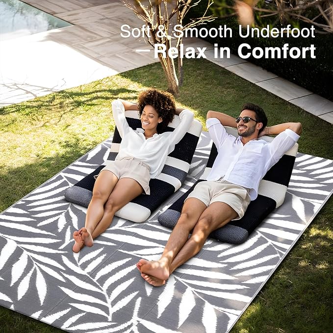 OLANLY Waterproof Outdoor Rug 5x8 ft, Reversible Outdoor Plastic Straw Rug with Leaf Pattern, RV Mat, Indoor Outdoor Carpet for Patio, Camping, Balcony, Deck, Backyard, Grey & White-Ruum Studio Home