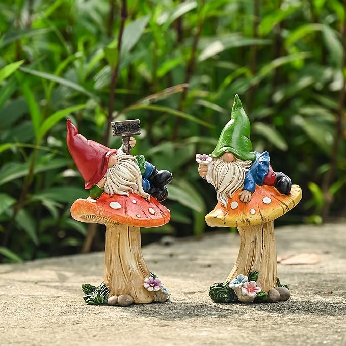 TERESA'S COLLECTIONS Garden Gnomes on Mushroom, Set of 2 Cute Resin Gnome Statues for Yard, Outdoor Patio Porch Lawn, Ideal Gift for Dad Mom Birthday, Outside Decor Housewarming Gifts-Ruum Studio Home
