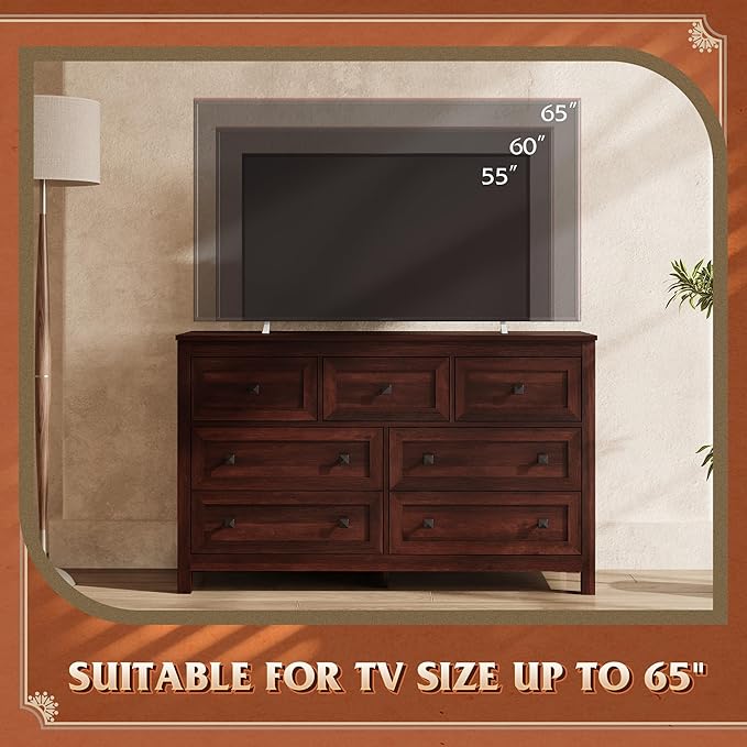WLIVE Farmhouse Dresser for Bedroom, 51.18'' Wide 7 Drawer Wood Dresser, TV Stand for 65 inch TV, Wooden Chest of Drawers for Bedroom, Modern Clothes Organizer for Living Room, Hallway, Rustic Brown-Ruum Studio Home