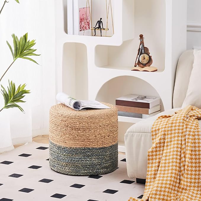 Wimarsbon 18'' Ottoman Pouf, Natural Braided Poof, Rustic Handweave Lounge Pouffe, Boho Footrest Stool for Bedroom, Accent Table or Seat for Living Room (Dusty Blue)-Ruum Studio Home