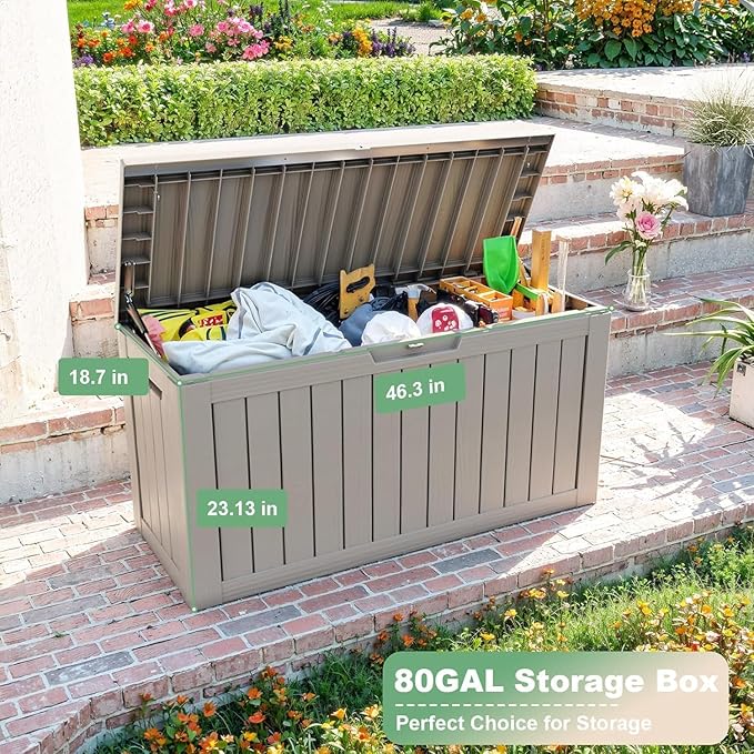 81 Gallon Outdoor Storage Box Waterproof, UV Resistant Resin Deck Box with Hydraulic Rod, Lockable Design and Enhanced Durability for Patio, Garden, and Poolside Use-Ruum Studio Home