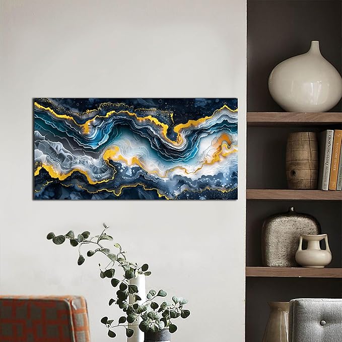 GUGIKA Abstract Wall Art for Living Room, Gold Black and Blue Canvas Wall-Art for Bedroom, Ocean Landscape Print Paintings, Size 40x20 Inches-Ruum Studio Home