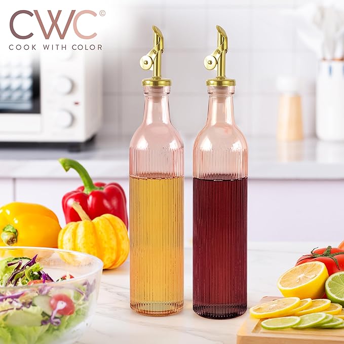 COOK WITH COLOR Glass Olive Oil Bottle Dispenser - 2 Pack- 17oz Oil and Vinegar Cruet - Olive Oil Carafe Decanter for Kitchen-Ruum Studio Home
