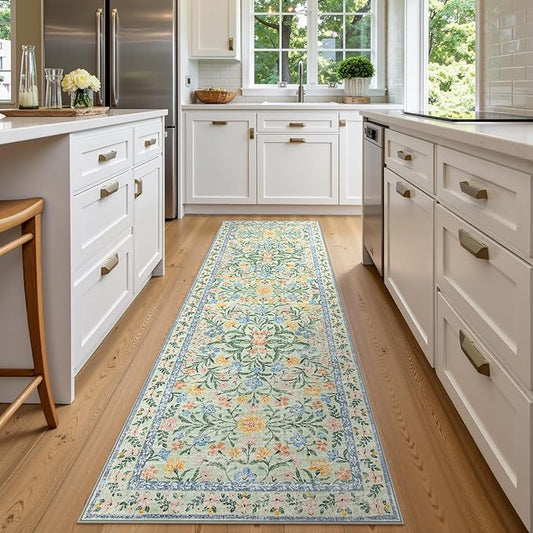 Wonnitar Washable Runners for Hallways, 2'6''x8' Floral Green Runner Rug for Kitchen Bathroom, Boho 8ft Non Silp Extra Long Rugs for Entryway Bedroom Laundry-Ruum Studio Home