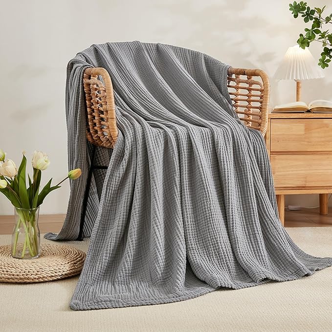 EMME Cotton Muslin Blanket King Size - Soft, Breathable Layering Blanket, 108"x90", All Season Gauze, Grey-Ruum Studio Home