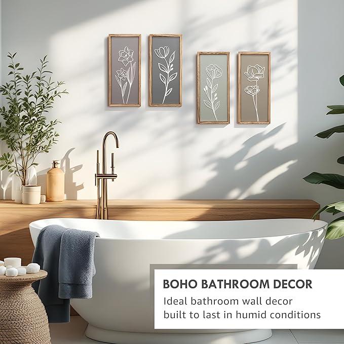 3D Wooden Floral Bathroom Wall Decor (Set of 4) Lightweight, Ready-to-Hang Framed Wall Art For Living Room, Bedroom, or Office - Premium Boho Botanical Farmhouse Decorations - Gift-Boxed-Ruum Studio Home
