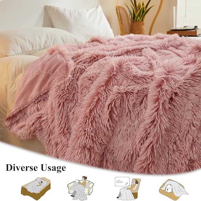 XeGe Plush Faux Fur Throw, Comfy 50x60 Fuzzy Blanket, Luxury Boho Lightweight Couch Blanket, Soft Fluffy Shaggy Lap Throw for Couch Bed Sofa Christmas Housewarming Gift Ombre Pink-Ruum Studio Home