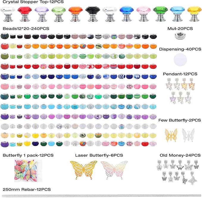 380pcs Beaded Garden Stake, DIY Butterfly Fairy Wand Garden Stake Kit with 10IN Threaded Rod Crystal Stopper Top Large Holes Beads Butterfly Decoration Pendants Outdoor Fairy Garden kit-Ruum Studio Home