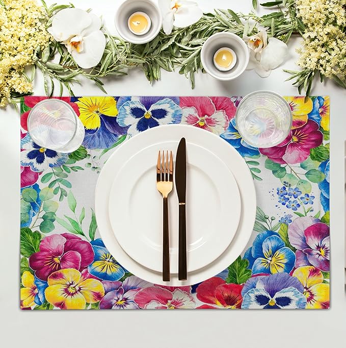 Watercolor Flowers Placemats Set of 4 Spring Summer Floral Butterfly Linen Fabric Table Mats Pansy Flower Eucalyptus Leaves Washable Place Mats for Farmhouse Dining Table Kitchen Decoration-Ruum Studio Home