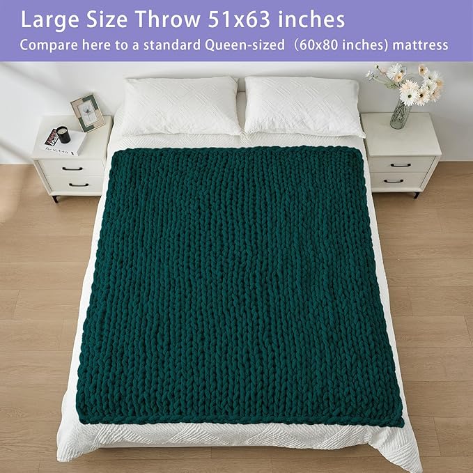 Bigacogo Chunky Knit Throw Blanket for Couch, 51x63 inches, 100% Hand Knitted with Thick Jumbo Chenille Yarn, Cozy Soft Large Rope Knot Cable Crochet Blankets for Sofa Bed Living Room, Dark Green-Ruum Studio Home