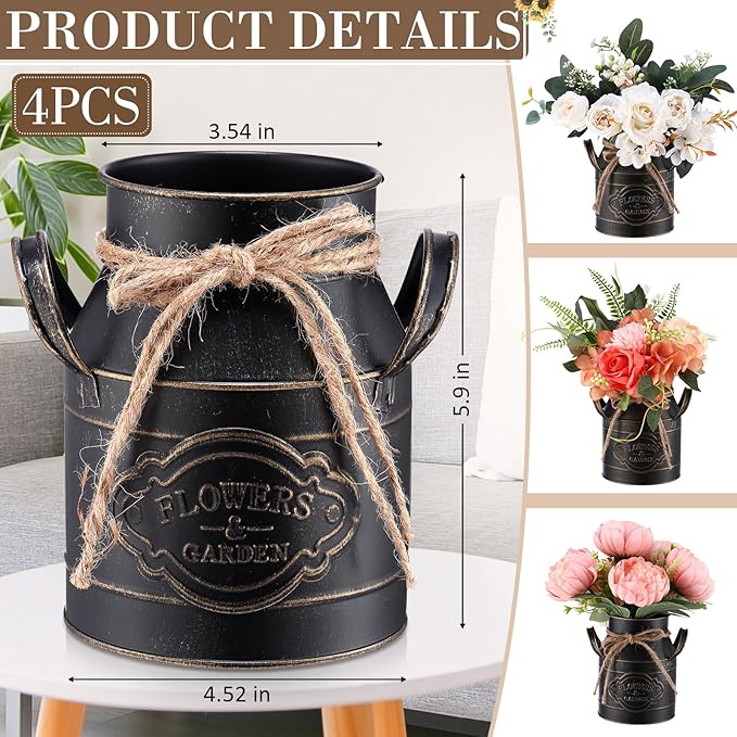 6 Inch Farmhouse Vase Decor Milk Can Vintage Flower Jug Galvanized Metal Vase with Handle Rustic Flower Buckets for Thanksgiving Christmas Table Centerpiece Weddings Gifts(Black,4 Pcs)-Ruum Studio Home