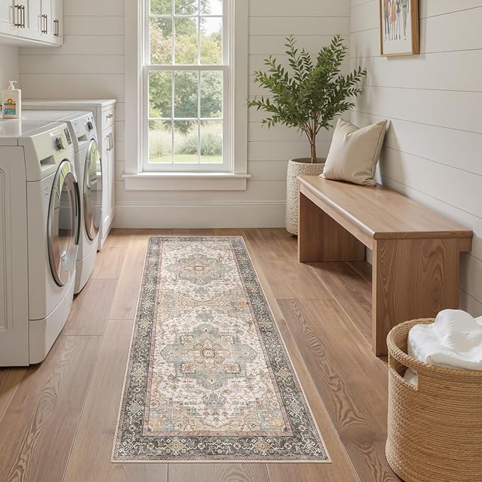Washable 2x6 Runner Rug - Area Rugs Neutral Vintage Distressed Floral Farmhouse Boho Large Soft Floor Rug Indoor Carpet for Hallway Entryway Bedroom Kitchen - Forest Green Orange-Ruum Studio Home