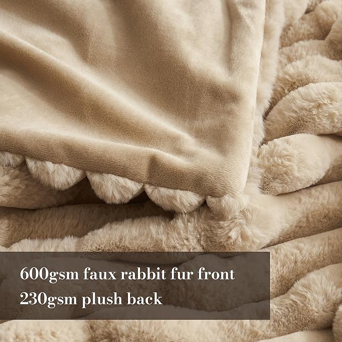 Amélie Home Faux Fur Throw Blanket for Couch, Cozy Fuzzy Fluffy Fur Luxurious Soft Striped Plush Gift Blankets for Family Sofa Chair Bed Living Room Bedroom, 55"x70", Beige-Ruum Studio Home